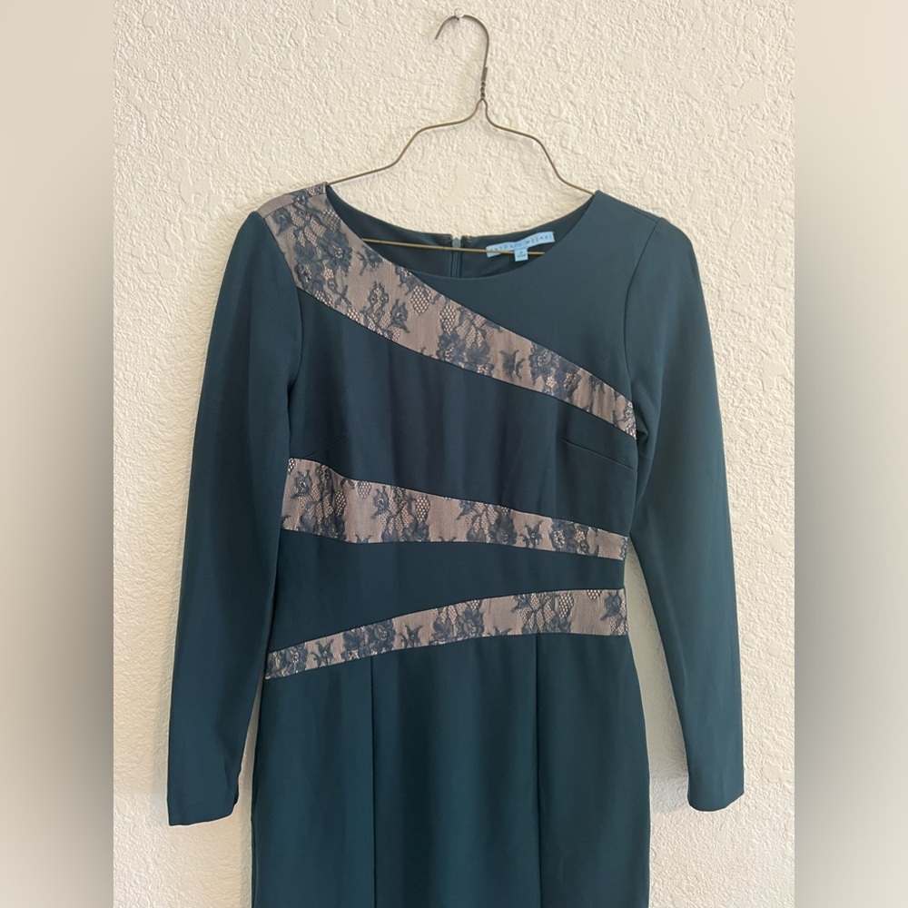 Antonio Melani EUC dress, forest green with lace overlay, size 2